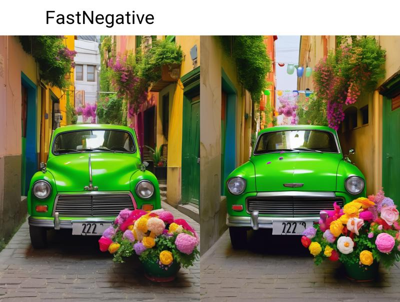 1242022482-There is a green car in a small alley with colorful flowers on it.png